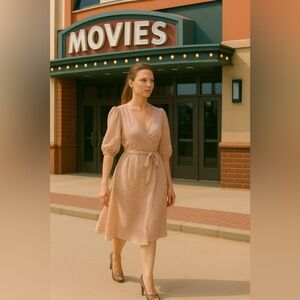 Velvet Graham Spencer Eyelet Wrap Dress XS Pink Beige Made in USA Puff‎ Sleeve